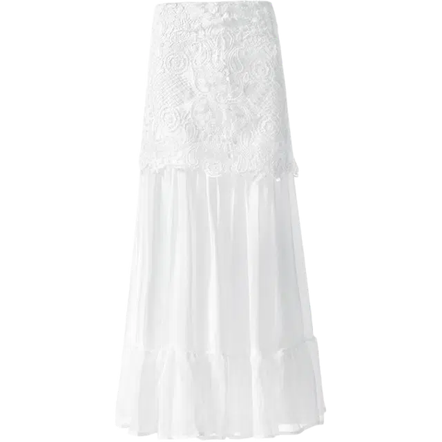 拾籍 街头时尚优雅网纱拼接蕾丝修身薄款高腰显瘦中长款休闲长裙 女款