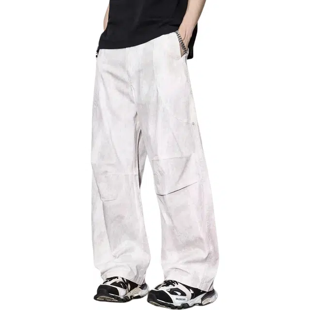 隐狼世家 宽松褶皱设计感美式高街纯色休闲裤中腰长裤裤 男款