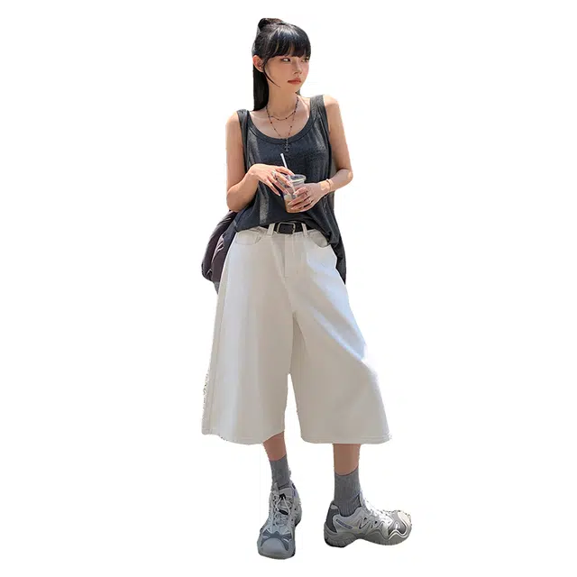 玫丝朵 美式高腰宽松纯色休闲七分牛仔裤 女款 白色