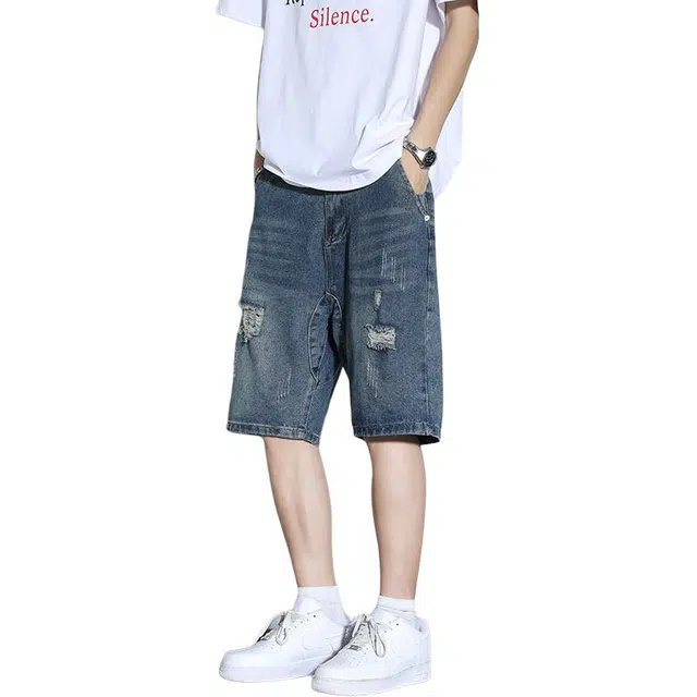 捷帕 美式潮牌复古做旧竹节纹不规则勾丝破洞五分裤时尚潮流宽松中腰日常通勤休闲百搭牛仔短裤 男女同款