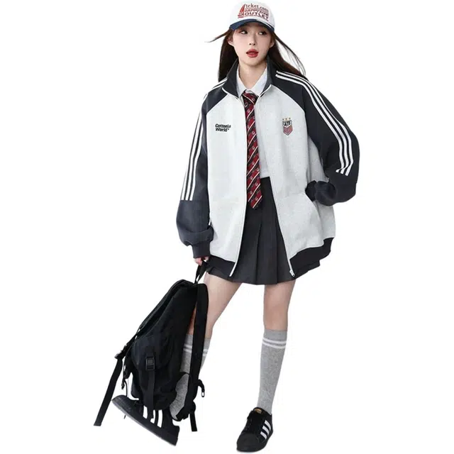 沐诚阳译 国潮条纹宽松美式复古学院卫衣开衫刺绣运动休闲秋季外套夹克 男女同款