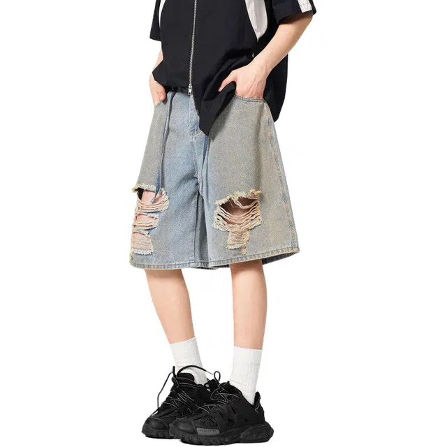 沃马 美式高街水洗做旧纯色基础款牛仔短裤 男女同款