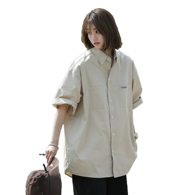 顶峰保罗 日系薄款透气柔软复古正装潮流工装翻领宽松纯色百搭短袖衬衫 男女同款