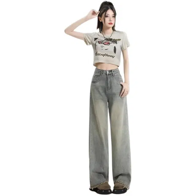 天才小熊 潮流时尚阔腿裤女水洗做旧高腰宽松小个子复古直筒毛边拖地裤长裤牛仔裤 女款