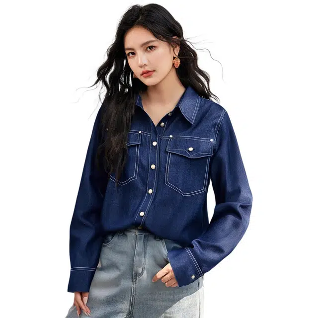 爱依莲 翻领衬衣气质港风叠穿时尚简约百搭牛仔上衣长袖衬衫 女款 蓝色