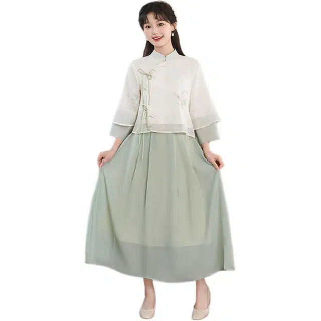 丝絮丝绸 新中式国风复古文艺少女旗袍两件套裙装套装 女款