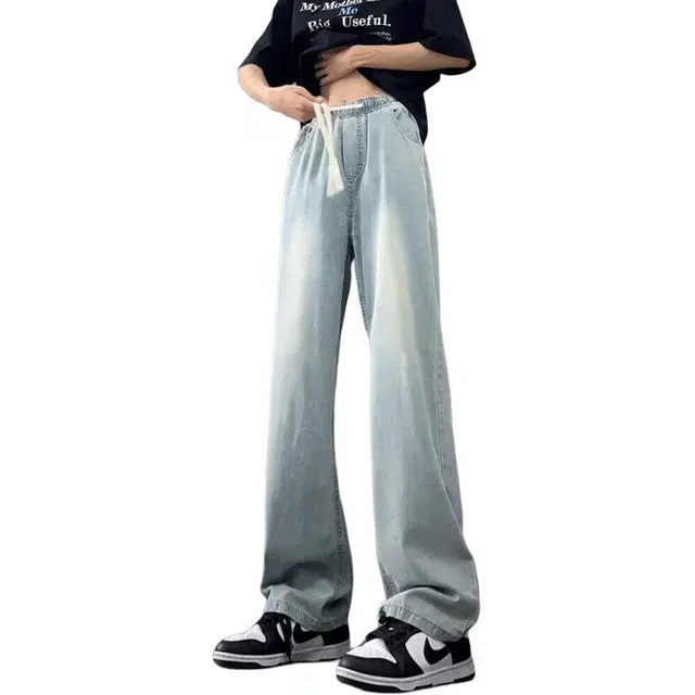 沃马 美式高街水洗做旧高级感基础款直筒牛仔裤 男女同款 浅蓝色