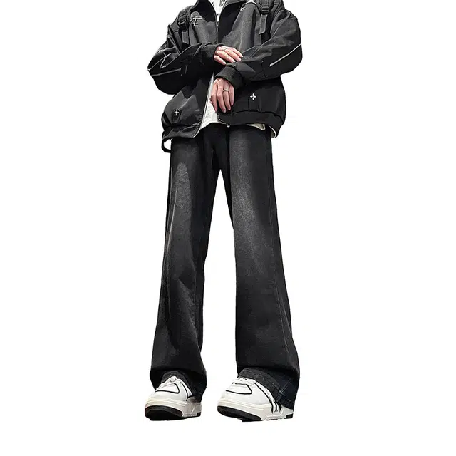 八哥 美式复古渐变直筒水洗做旧简约高街基础款宽松休闲亲肤舒适百搭显高长裤透气弹力加绒微喇牛仔裤 男女同款