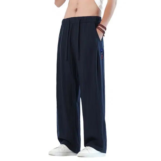 顶峰保罗 莱赛尔薄款亚麻纯色直筒无性别主义阔腿垂感长裤弹力抽绳显高百搭宽松大码国潮休闲裤 男女同款