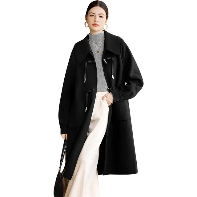 她池 中长款气质休闲双面呢舒适质感大衣 女款 黑色
