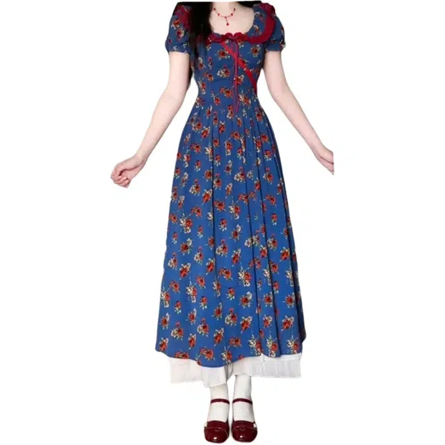 黛尔佳人 法式碎花海边度假气质绝美长裙短袖连衣裙 女款