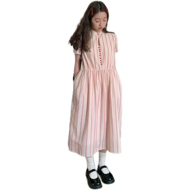 哒头下雨不愁 学院风新中式条纹宽松收腰中长裙短袖连衣裙 女款