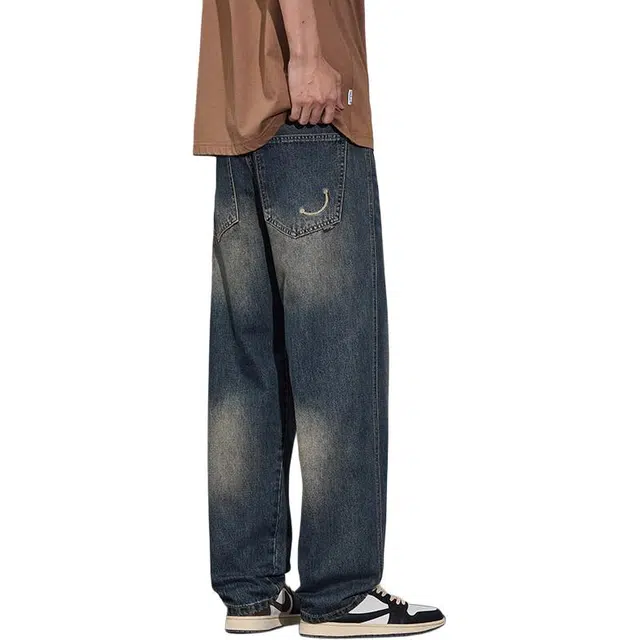 么宁 个性刺绣美式高街复古水洗宽松直筒设计感简约百搭潮流时尚舒适透气痞帅休闲牛仔裤 男女同款