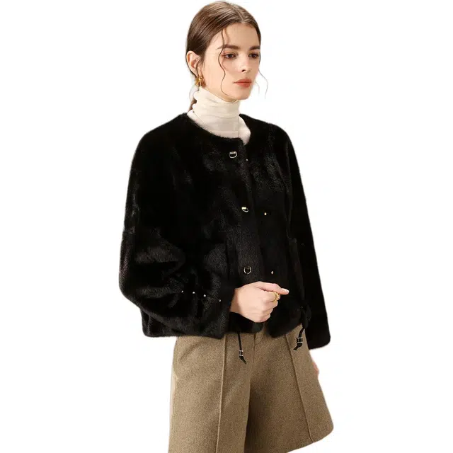 粉红玛琍 气质单排扣宽松短款长袖皮草 女款 黑色