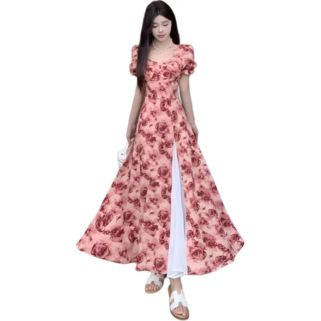 缪斯的诱惑 实拍法式复古碎花裙女夏季高级感显瘦拼接假两件裙短袖连衣裙 女款