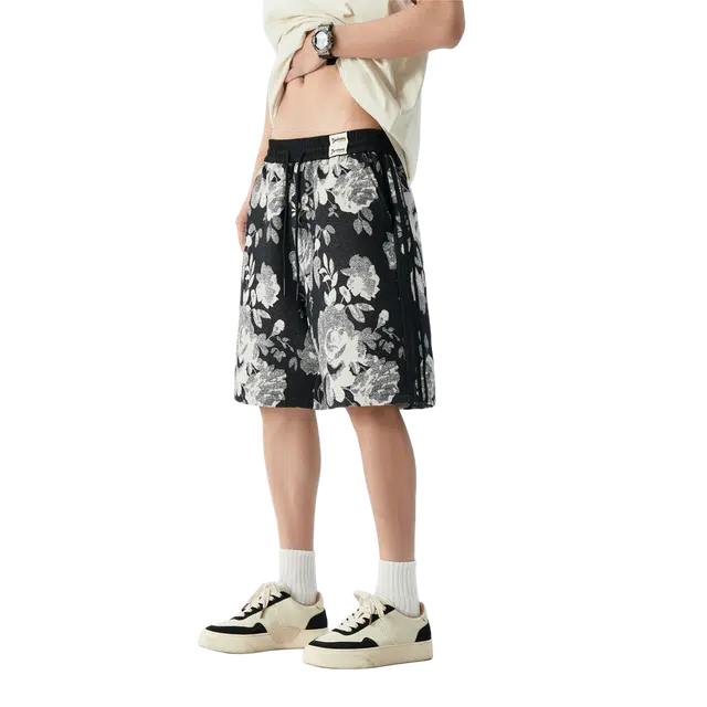 敦煌博物馆 新中式民族风牡丹花提花工艺撞色拼接宽松直筒松紧腰舒适透气通勤百搭五分休闲短裤 男女同款