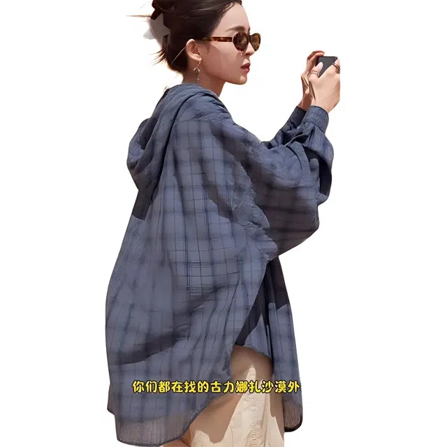 单爵 连帽格子透气慵懒风薄款长袖夹克外套 男女同款 深灰色