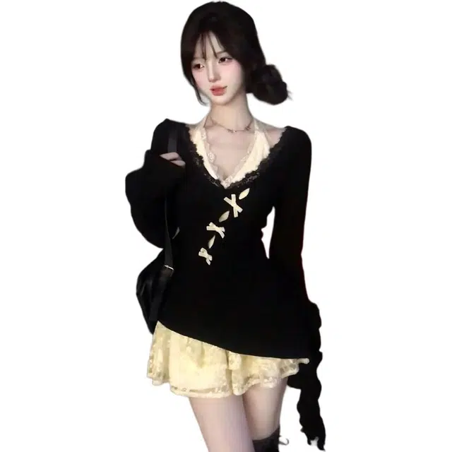 哒头下雨不愁 收腰显瘦纯欲风针织罩衫蕾丝内搭挂脖连衣裙裙装套装 女款