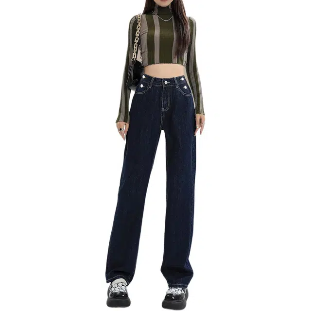 惟熙 高腰舒适直筒牛仔裤 女款 深蓝色