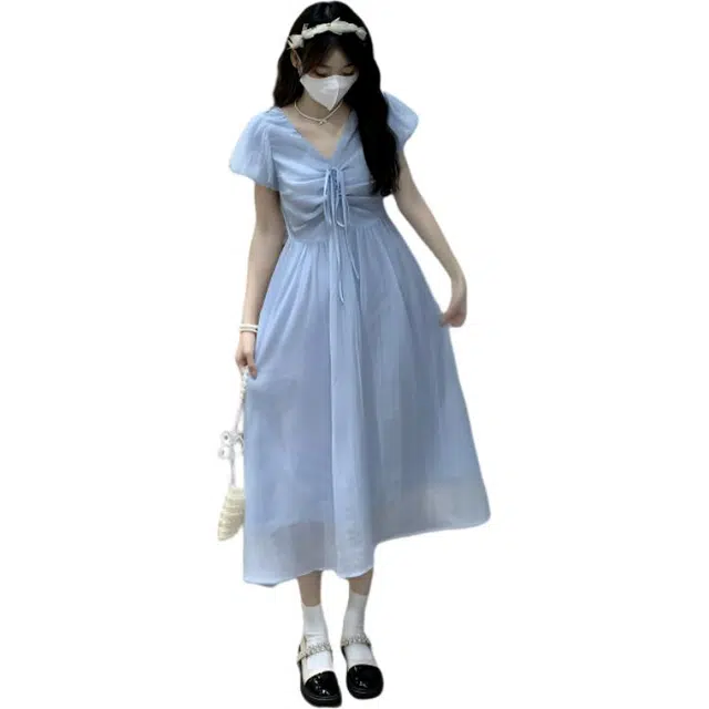 北极绒 法式泡泡袖初恋茶歇裙女夏甜美气质蝴蝶结收腰褶皱仙女短袖连衣裙 女款