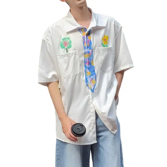 冈哉 美式高街卡通涂鸦印花设计学院风休闲百搭时尚潮流薄款透气慵懒风宽松痞帅短袖衬衫 男女同款