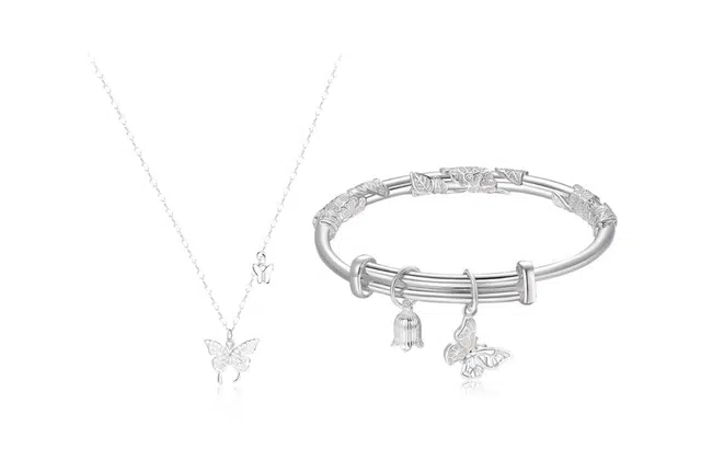 尚银福 繁花蝴蝶系列 国潮复古新中式古法银花丝缠绕浮雕铃兰花蝴蝶活口推拉可调节锁骨链套装 好运 合金 项链 女款