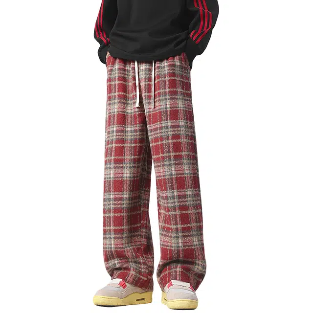 华夏儿女 格子毛呢裤子美式复古高街基础款经典宽松做旧慵懒小香风斑点抽绳直筒呢料长裤子百搭休闲裤 男女同款