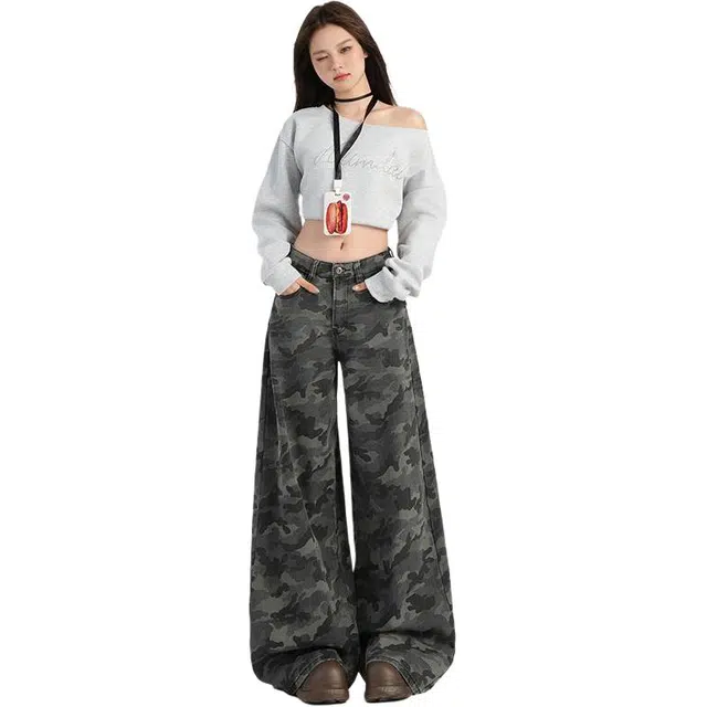 怪力萝莉 嘻哈街头迷彩高腰宽松阔腿休闲裤 女款