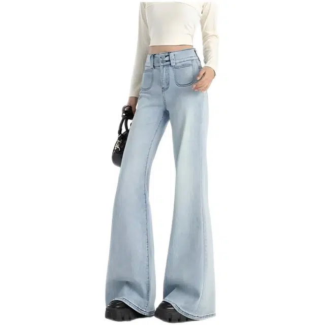 天才小熊 潮流时尚高腰显瘦休闲裤女显瘦垂感百搭微喇裤牛仔裤 女款