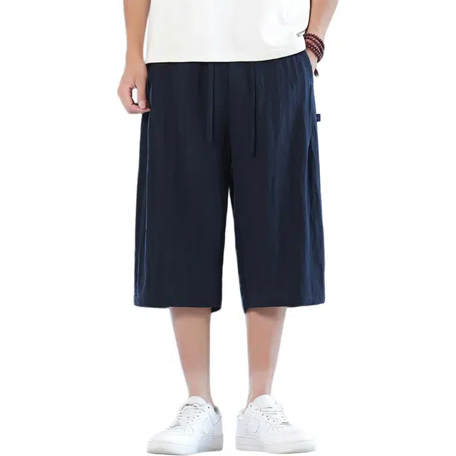 顶峰保罗 新中式莱赛尔潮流痞帅纯色无性别主义宽松大码百搭七分运动健身裤弹力抽绳显高薄款直筒休闲短裤 男女同款