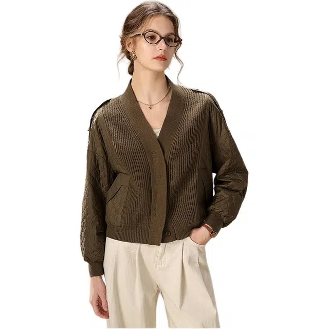 粉红玛琍 拼色立领合身棉服 女款 橄榄绿