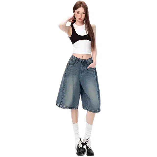 天才小熊 潮流时尚美式高街复古五分裤女拼接设计宽松弯刀阔腿中裤牛仔短裤 女款