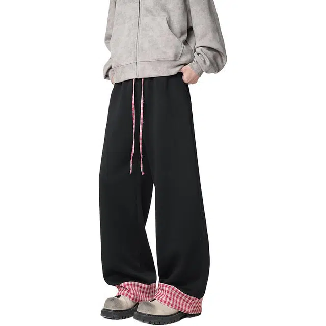 物质公式 美式复古高街格子条纹设计学院风慵懒氛围感百搭时尚撞色通勤显高显瘦垂感运动透气直筒宽松抽绳高腰拖地格纹阔腿休闲裤 男女同款