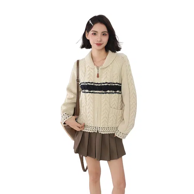 柏黛妃 慵懒宽松加厚半拉链开衫长袖针织衫 女款 糙米色