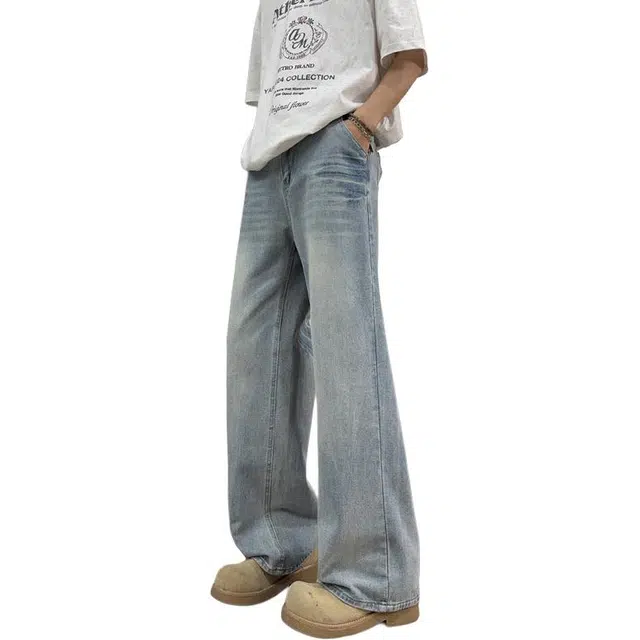 沃马 美式高街废土风高级感流行简约牛仔裤 男女同款 蓝色