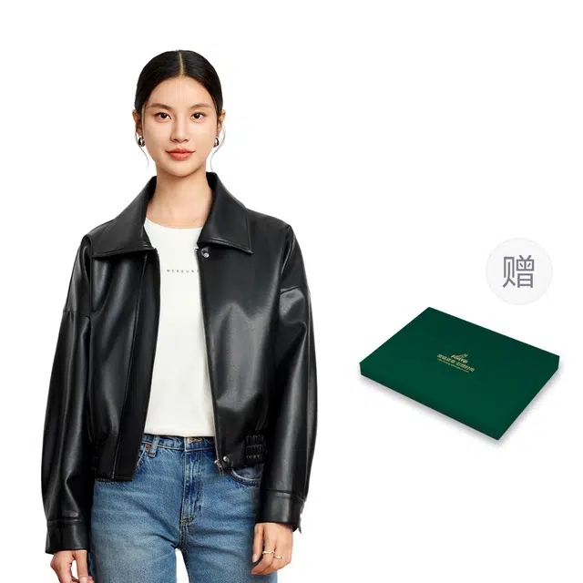 富铤 复古港风气质纯色翻领百搭长袖皮衣 女款