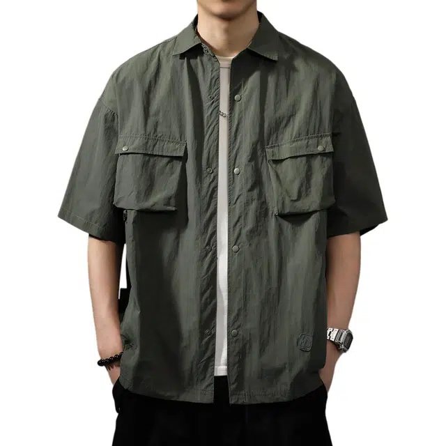 贵色 痞帅潮牌简约上衣薄复古出行游玩短袖衬衫 男女同款