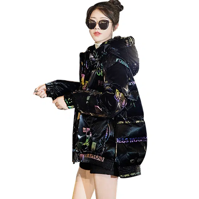 丝柏舍 宽松休闲亮面字母图案撞色保暖长袖连帽棉服 女款