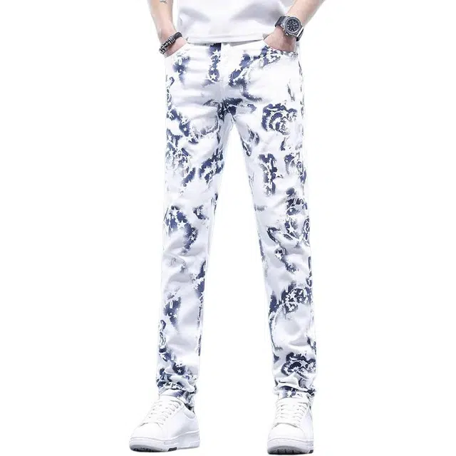 潮人榜 夏季美式高街个性印花痞帅炸街裤子潮流百搭修身小脚高端设计感牛仔裤 男款