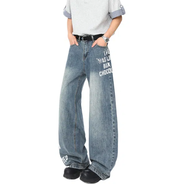 沃马 美式高街水洗潮牌学院风流行简约百搭时尚牛仔裤 男女同款 蓝色