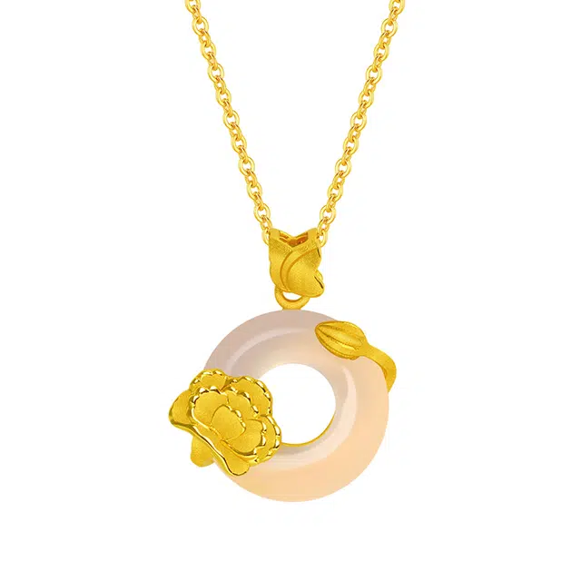 金大福 康乃馨平安扣 永恒的爱新中式国潮甜蜜浪漫告白平安纳福招财转运纯银轻奢小众显白气质锁骨链#好运 玉髓 项链 女款