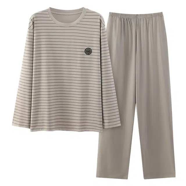 顶瓜瓜 条纹图案圆领设计纯棉面料亲肤舒适可外穿家居服睡衣套装 男款