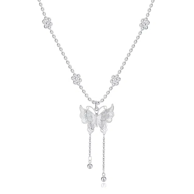 原夏 招财平安喜乐简约小众气质新中式时来运转国潮铃铛蝴蝶流苏 足银 项链 女款