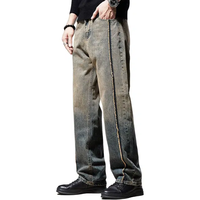 贵色 春季 美式高街潮牌百搭中腰直筒宽松拉链长裤牛仔裤 男女同款 蓝色