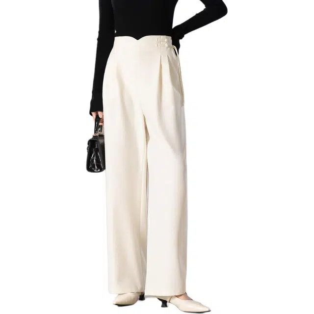 粉红玛琍 通勤简约舒适休闲裤 女款 米白