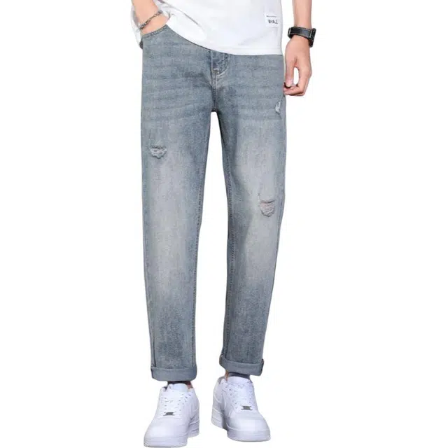 宝米卡 弹力破洞合体直筒宽松时尚百搭休闲长裤牛仔裤 男女同款