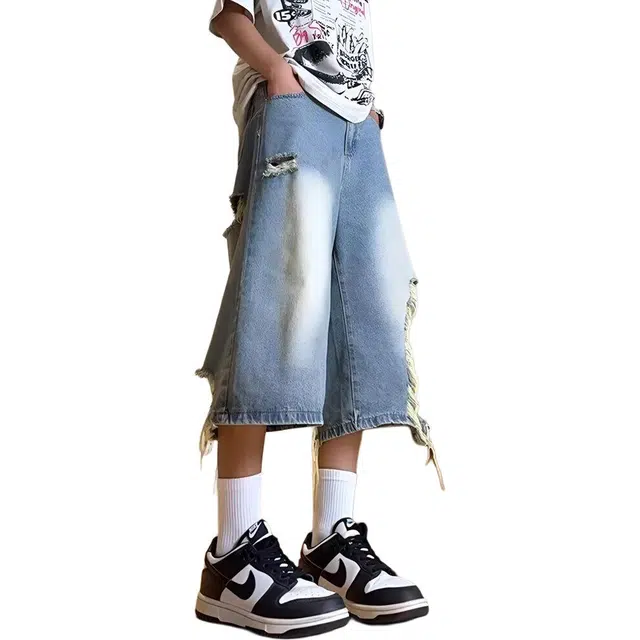 颂希尔 美式复古破洞夏季高街毛边设计感裤子水洗阔腿七分裤牛仔短裤 男女同款