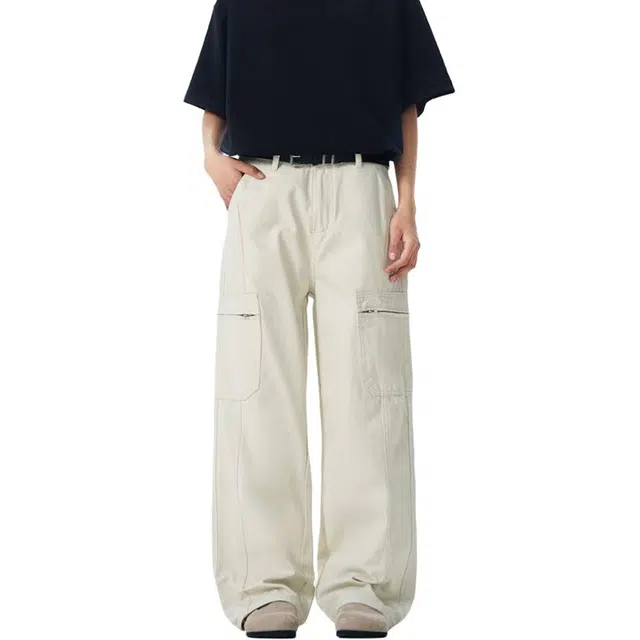 宝米卡 美式复古高街拉链工装裤休闲直筒牛仔裤 男女同款