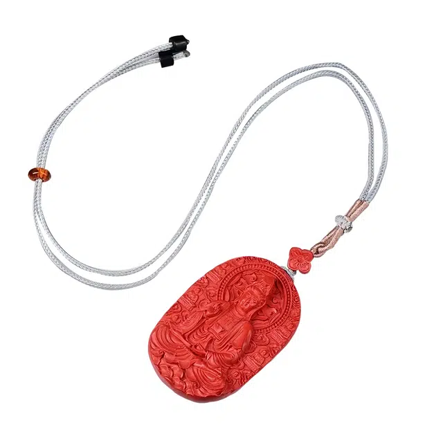 石在行 高含量复古 平安转运纳福国潮新中式五福临门观音吊牌 朱砂 项链 男女同款情侣款
