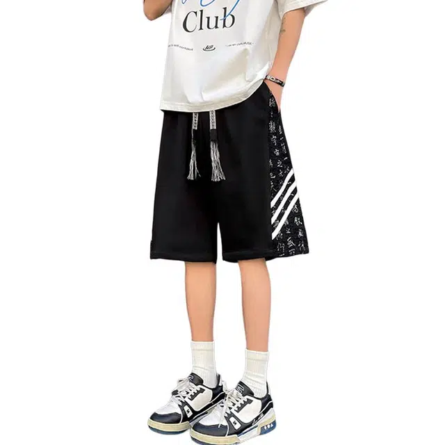 佐菲利 拼接设计感五分裤子潮牌侧边条纹宽松直筒休闲短裤 男款